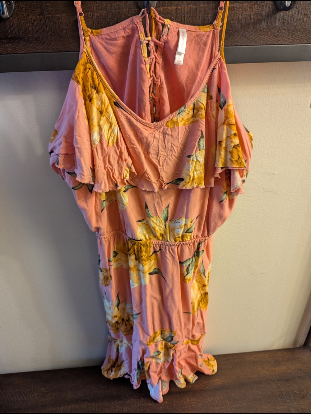 Xhilaration Pink Yellow Floral Ruffle Cold-Shoulder Dress with Lace Up Back